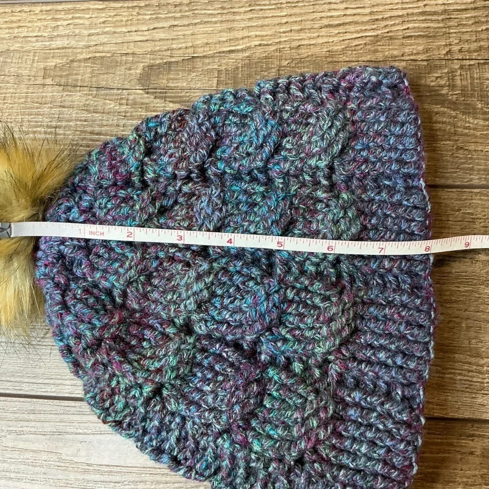 Cable Knit Crochet Beanie Hat Handcrafted With Faux Fur Pom Handmade Purple Blue